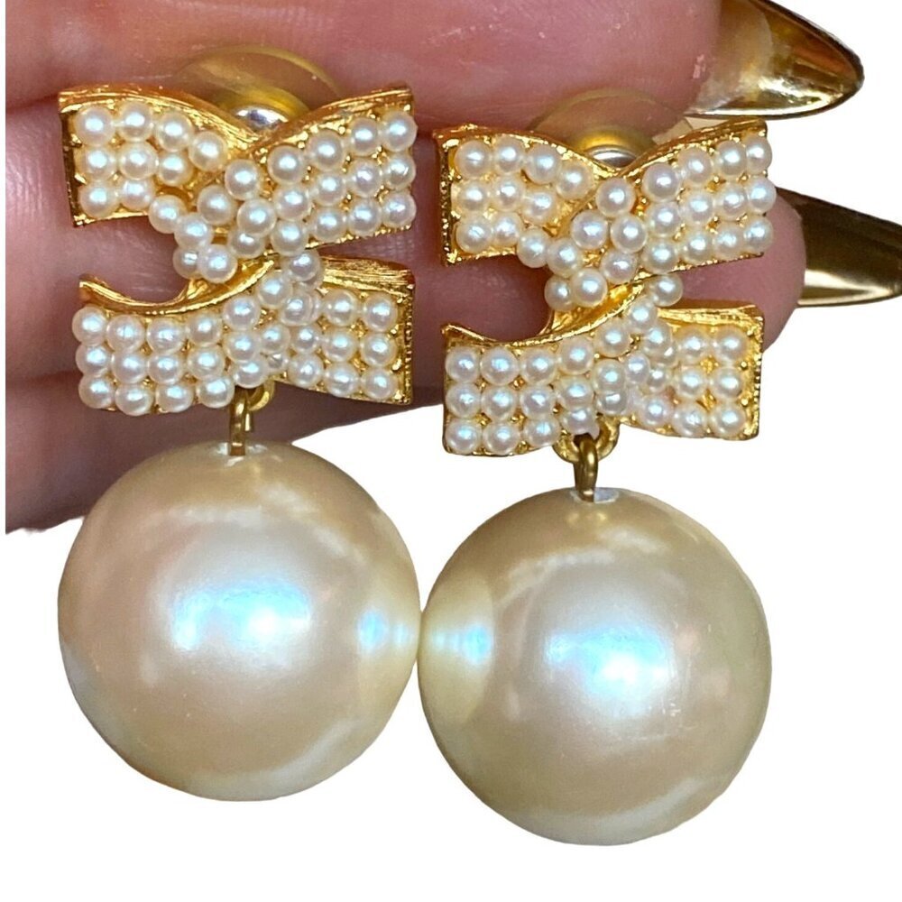 Anne Klein Couture Vintage Bow Faux Pearl Dangle Earrings Statement Elegant OS